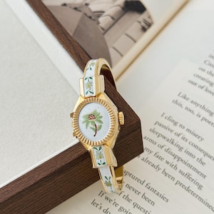 Curtis Geneve Gold Tone Watch With Enamel Floral Design, Peek A Boo Watch, Hidden Dial Watch, Vintage Women&#39;s Wristwatch, Jewelry Watch