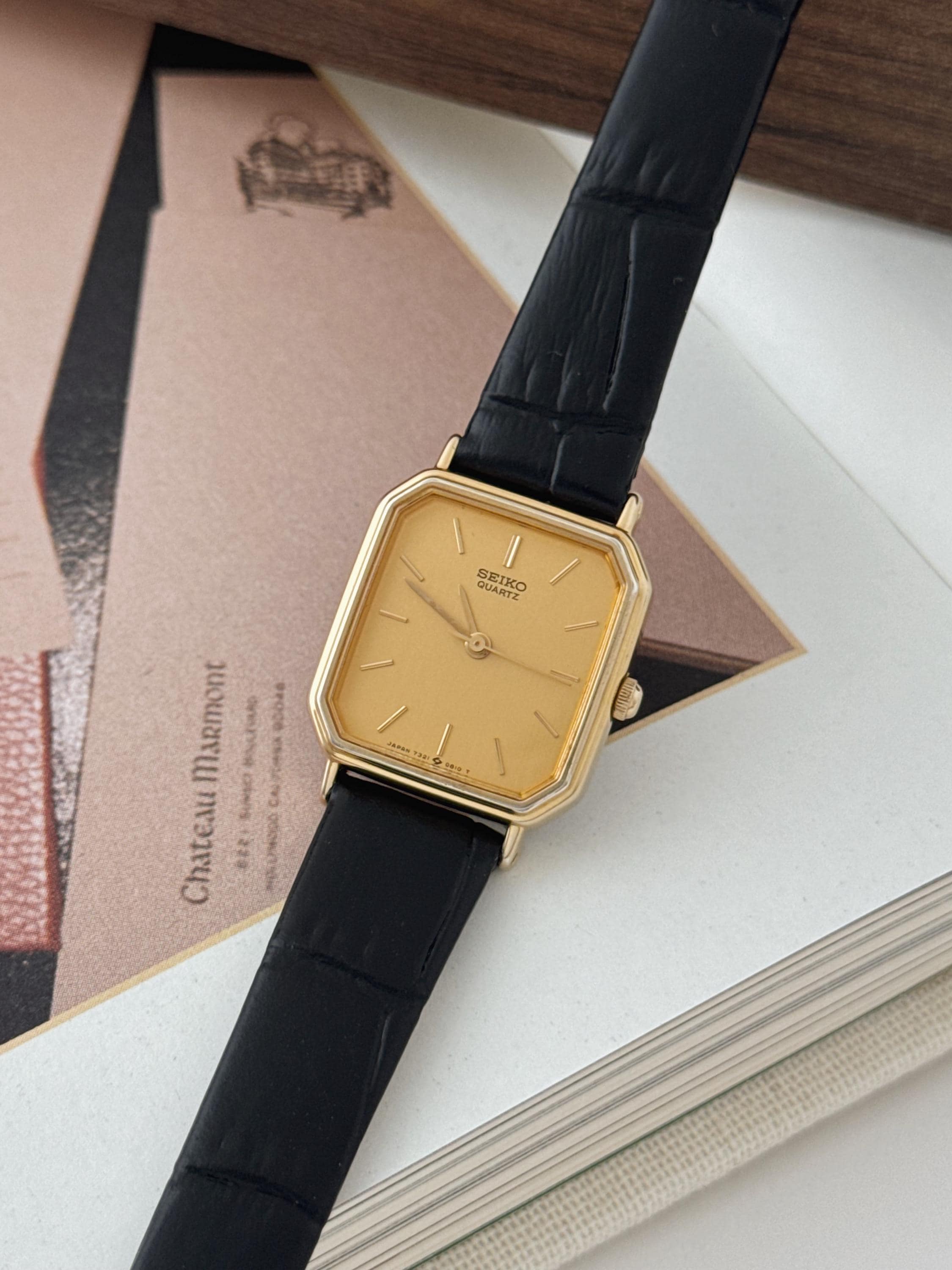 Vintage Seiko Gold Tone Octagon Case Watch With Leather Strap