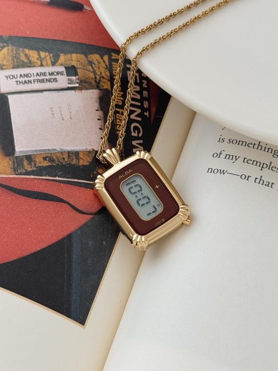 Vintage Alba Seiko Gold Tone Digital Pendant Watch With Chain Necklace, Retro Watch