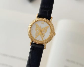 Vintage Seiko HM Hanae Mori Gold Tone Watch With Leather Strap, Vintage Women's Wristwatch