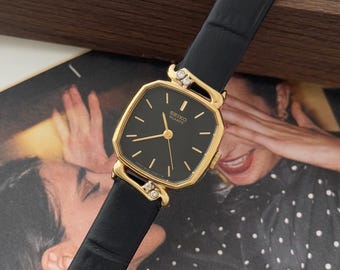 Vintage Seiko Gold Plated Octagonal Case Watch With Leather Strap, 80s Japanese Women's Wristwatch