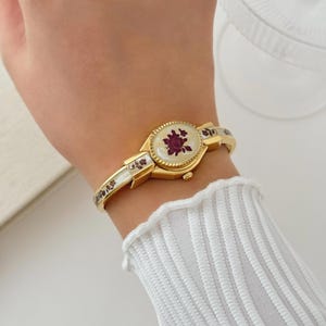 André Mouche Gold Tone Watch With Enamel Floral Design, Peek A Boo Watch, Hidden Dial Watch, Vintage Women&#39;s Wristwatch, Jewelry Watch