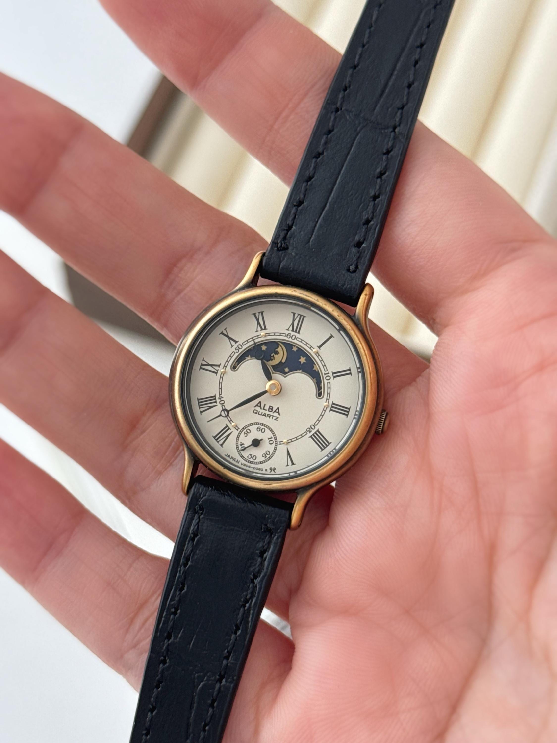 Vintage Seiko Alba Sun and Moon Watch With Leather Strap, Classic