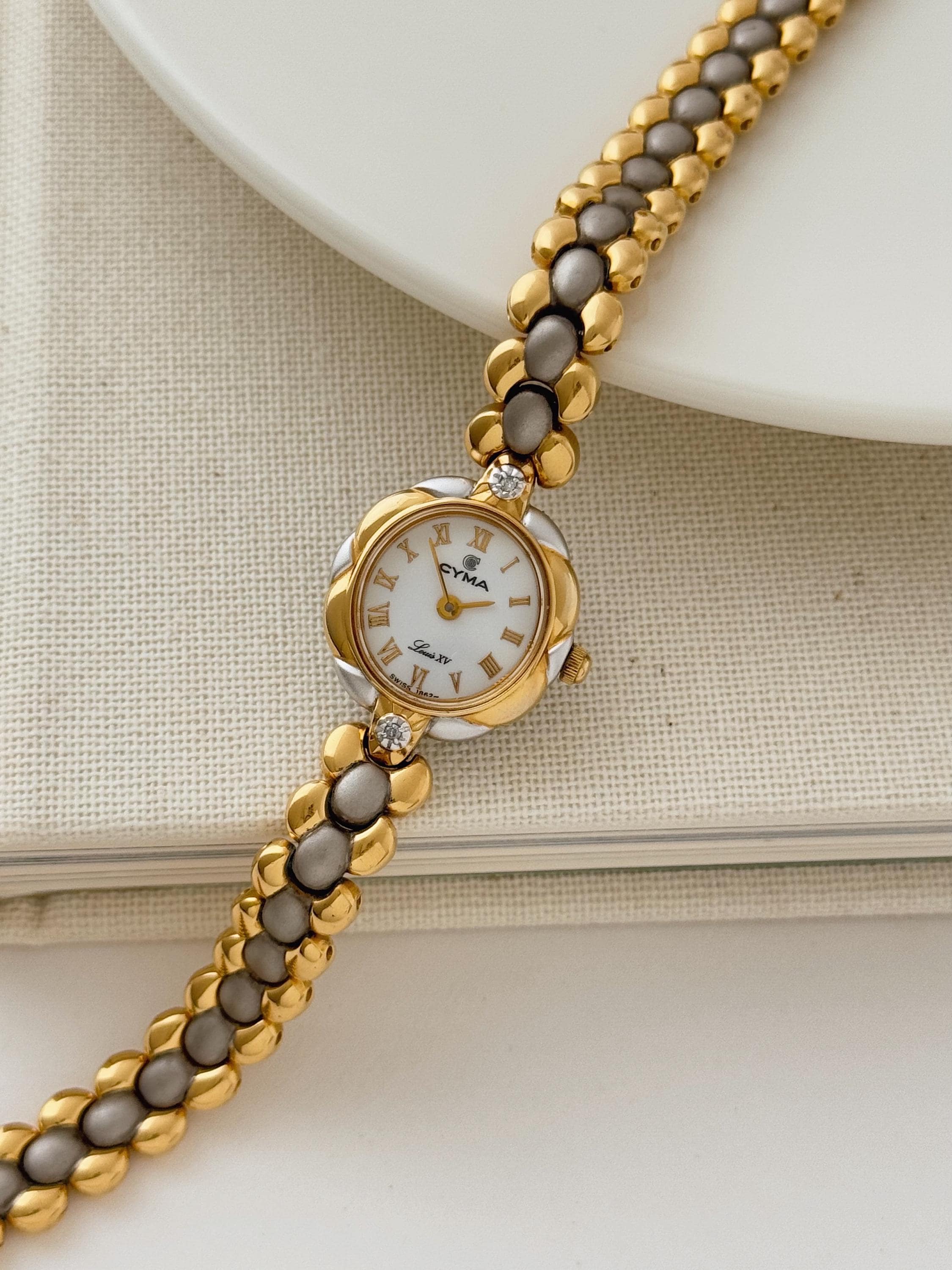 Vintage CYMA Louis XV Two Tone Bracelet Watch With Diamond