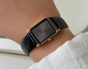 Vintage Seiko Exceline Gold Tone Rectangular Case Watch With Leather Strap, Japanese Women's Wristwatch