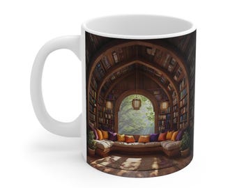 May include: White ceramic mug featuring a cozy library scene. The design includes a large arched window, bookshelves, a curved sofa with orange and purple pillows, and a warm, inviting atmosphere. A perfect gift for book lovers.