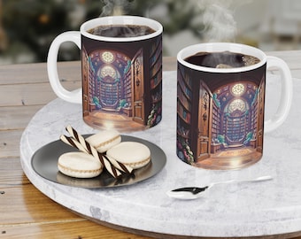 May include: Two white ceramic coffee mugs featuring a library interior illustration, filled with steaming dark liquid. A small plate with macarons and a spoon are on a marble surface.