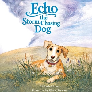 May include: A children's book cover featuring a tan and white dog with a red collar lying in a field of grass and wildflowers. The title "Echo the Storm Chasing Dog" is written in blue script above the dog.