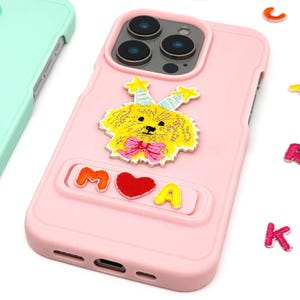 Custom Dog+Name Phone Case,Cute Embroidery Cartoon,Personalised Phone Case,iPhone 13 14 15 16 Case,Built-in Stand,Gift for pet lovers/girls