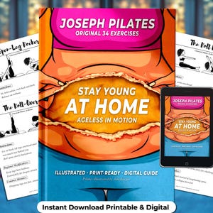 Peut inclure: Un livre et un guide numérique intitulé "Stay Young at Home" avec la marque "Joseph Pilates". La couverture présente une illustration d'un torse. Des pages supplémentaires montrent des exercices de Pilates. Une tablette affiche la couverture du livre.