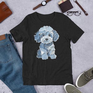 T-shirt art patchwork en denim à motif chien, chemise art patchwork en denim à motif chien pour femme, tee-shirt unisexe patch en denim drôle rétro imprimé chien animal