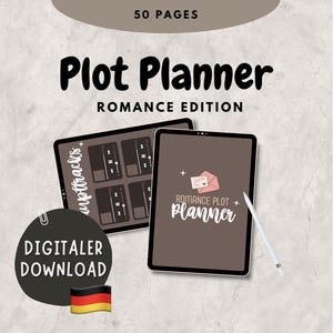 Könnte beinhalten: Digitaler Plot Planner, Romance Edition, mit 50 Seiten. Das Bild zeigt zwei digitale Tablets mit den Worten "Plot Planner" und "Romance Edition". Ein Tablet hat ein Design einer rosa Umschlag. Ein Stift ist ebenfalls sichtbar.