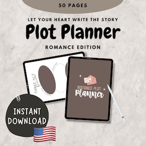 Könnte beinhalten: Ein digitaler Planer für Romanautoren mit einem braunen Cover und dem Text "Romance Plot Planner" in Weiß. Der Planer enthält eine Vorlage für eine dreiteilige Story-Struktur und einen Abschnitt für die Charakterentwicklung.