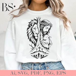 May include: White sweatshirt featuring a black graphic of a lion, Jesus with a lamb, and three crosses. The design includes a shepherd and sheep. The bottom of the image has the text "Ai, SVG, PDF, PNG, EPS".