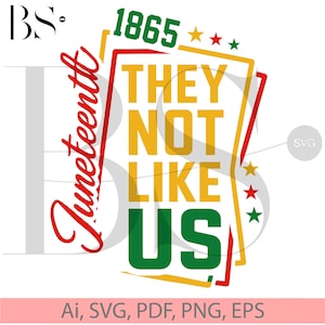 May include: A graphic design with the text "Juneteenth" in red script, and "1865" in green. The words "THEY NOT LIKE US" are in yellow and green, framed by red and yellow lines. Stars in red, yellow, and green complete the design.