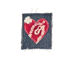 Heart Valentine Denim Patch, 3" x 3" Ukulele Mending Patch, Free Motion Sewing, Handmade Original Textile Wearable Art, Boho Hippie (#042)