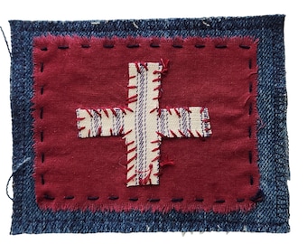 Swiss Flag Denim Patch, Sashiko Handstitched Boro Inspired Mending Patch, Slow Stitch Wabi Sabi Embroidery Textile Wearable Art (#010)