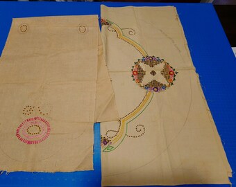 Vintage Unfinished Embroidered Dresser Scarf and Small Tablecloth, Wheat Colored, Homespun type Fabrics #DP015