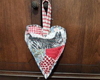 Handstitched Cat Heart Ornament, Handmade Rustic Valentine  Primitive Rail Hanger, Raw Edges Pillow Ticking, Farmhouse Chic, Cabincore (4)