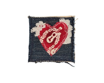 Heart Valentine Denim Patch, 3" x 3" Ukulele Mending Patch, Free Motion Sewing, Handmade Original Textile Wearable Art, Boho Hippie (#039)