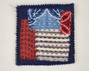 Sashiko Hand Stitched Boro Patch, Slow Stitching, Textile Art, Japanese/Assorted Fabrics, Visible Mending, Boho Hippie, Kantha FP001