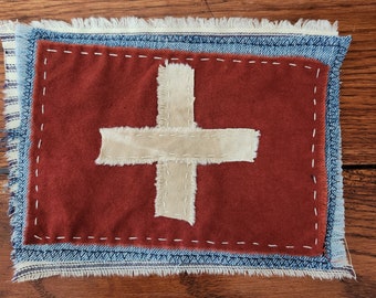 Swiss Flag Denim Patch, Sashiko Handstitched Boro Inspired Mending Patch, Slow Stitch Wabi Sabi Embroidery Textile Wearable Art (#011)