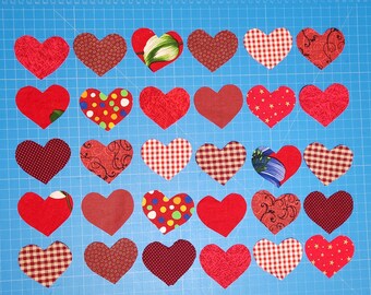 Fabric Heart Appliques, 35 pc Hand-Cut Hearts, 2" x 1 5/8" Red Color Palette, Quilting, Bags, Pillows, Scrap Booking, Card Making