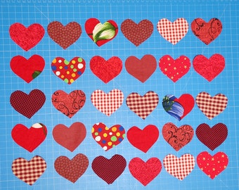 Fabric Heart Appliques, 30 pc Hand-Cut Hearts, 2 5/8" x 2 1/4" Red Color Palette, Quilting, Bags, Pillows, Scrap Booking, Card Making