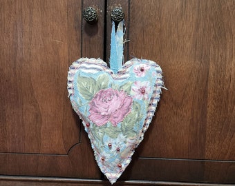 Handstitched Roses Heart Ornament, Handmade Rustic Valentine  Primitive Rail Hanger, Raw Edges Pillow Ticking, Farmhouse Chic, Cabincore (5)