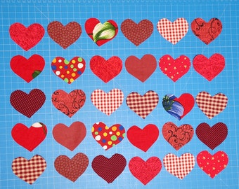 Fabric Heart Appliques, 24 pc Hand-Cut Hearts, 3 5/8" x 3" Red Color Palette, Quilting, Bags, Pillows, Scrap Booking, Card Making, Parties