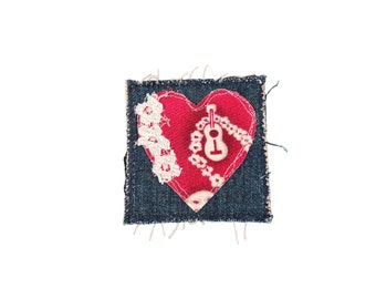 Heart Valentine Denim Patch, 3.5" x 3.5" Mending Patch, Free Motion Sewing, Handmade Original Textile Wearable Art, Boho Hippie (#036)