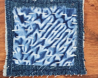 Small Denim Patch, Sashiko Handstitched Boro Inspired Mending Patch, Slow Stitching Embroidery Textile Wearable Art, Boho Hippie #SP033