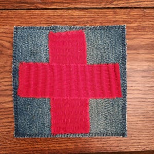 Swiss Flag Denim Mending Patch, Sashiko Boro Inspired, Slow Stitching, Fabric Art FP036