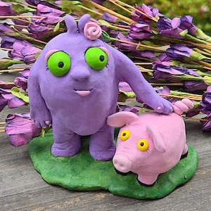 Handmade Polymer Clay Monster & Piglet: Whimsical Friendship Sculpture