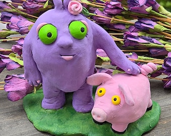 One of a Kind Polymer Clay Monster and Piglet: Whimsical Friendship Sculpture