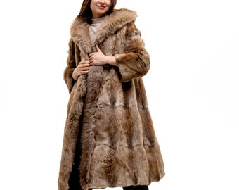 Full Lengh Long Vintage Fur Coat with Hood | Genuine Muskrat and Arctic Fox Fur | | Size M