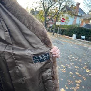 Pu&ograve; includere: Un cappotto di pelliccia marrone con fodera in raso. L'interno del cappotto presenta un'etichetta con testo. Il cappotto &egrave; aperto, rivelando la fodera e l'esterno in pelliccia. Lo sfondo mostra una strada con alberi e case.