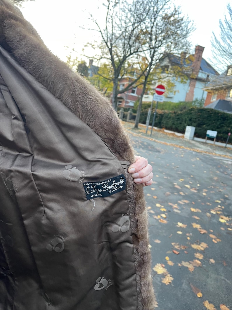 Pu&ograve; includere: Un cappotto di pelliccia marrone con fodera in raso. L'interno del cappotto presenta un'etichetta con testo. Il cappotto &egrave; aperto, rivelando la fodera e l'esterno in pelliccia. Lo sfondo mostra una strada con alberi e case.