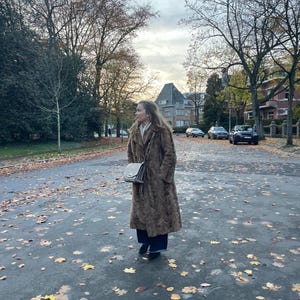 Pu&ograve; includere: Una donna indossa un lungo cappotto di pelliccia marrone, pantaloni blu scuro e scarpe nere, in piedi su una strada coperta di foglie. Porta una borsa grigia. Lo sfondo mostra alberi, edifici e un cielo nuvoloso.