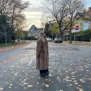 Pu&ograve; includere: Un lungo cappotto in finta pelliccia marrone. Il cappotto &egrave; indossato da una persona in piedi su una strada coperta di foglie. Lo sfondo comprende alberi, edifici e un cielo nuvoloso. Il cappotto sembra essere lungo fino al ginocchio.
