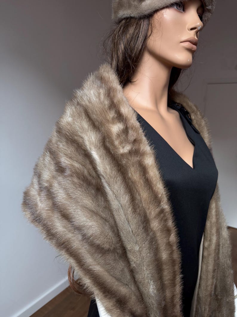 Pode incluir: Uma luxuosa estola de pele castanha com um chap&eacute;u a condizer. A estola &eacute; drapeada sobre um vestido preto, mostrando a textura macia e as ricas varia&ccedil;&otilde;es de cor da pele. O chap&eacute;u completa o elegante conjunto.