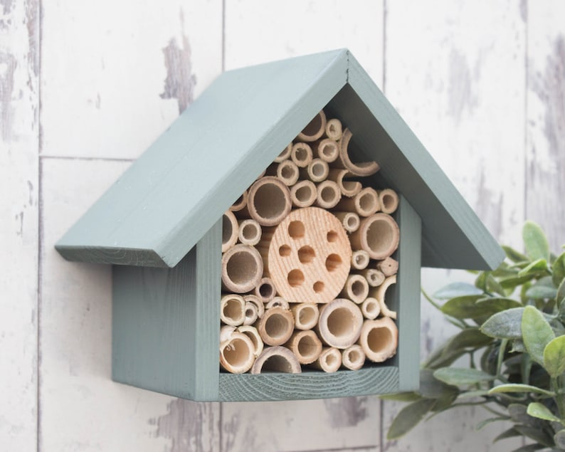 Beautifully handmade wildlife habitat, Bee Hotel, Insect House. Timber and painted in wild thyme, light green. Single Tier.
Keyhole hanger provided.
Bamboo and drilled holes provide a perfect home for solitary bees.