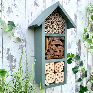 Beautifully handmade wildlife habitat, Bee Hotel, Insect House. Timber and painted in Wild Thyme, light green. Three tier.
Keyhole hanger provided.
Bamboo and drilled holes provide a perfect home for solitary bees.