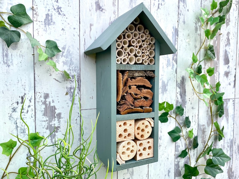 Beautifully handmade wildlife habitat, Bee Hotel, Insect House. Timber and painted in Wild Thyme, light green. Three tier.
Keyhole hanger provided.
Bamboo and drilled holes provide a perfect home for solitary bees.