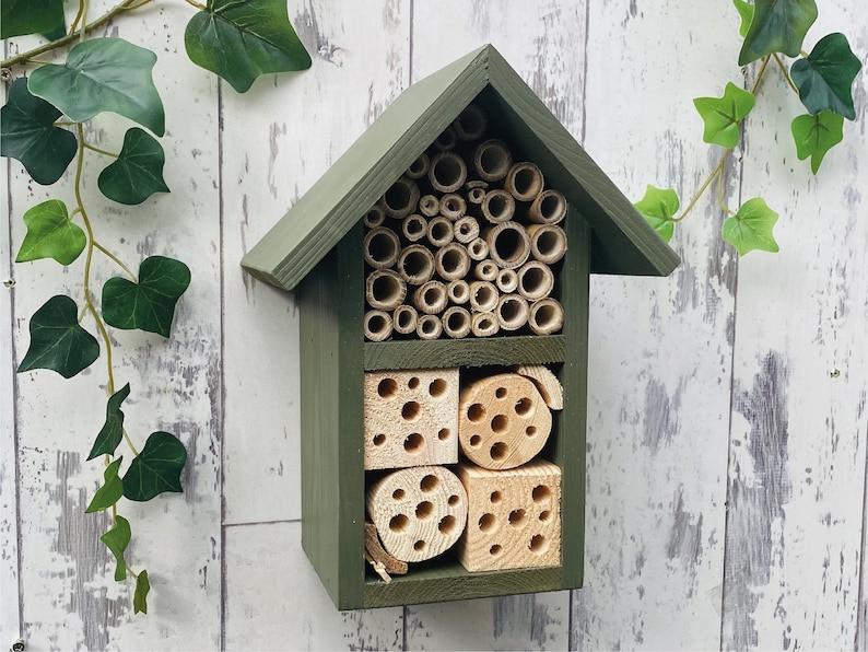 Beautifully handmade two tier wildlife habitat, Bee Hotel, Insect House. Timber and painted in Old English, dark green.
Keyhole hanger provided.
Bamboo, and drilled holes provide a perfect home for solitary bees.