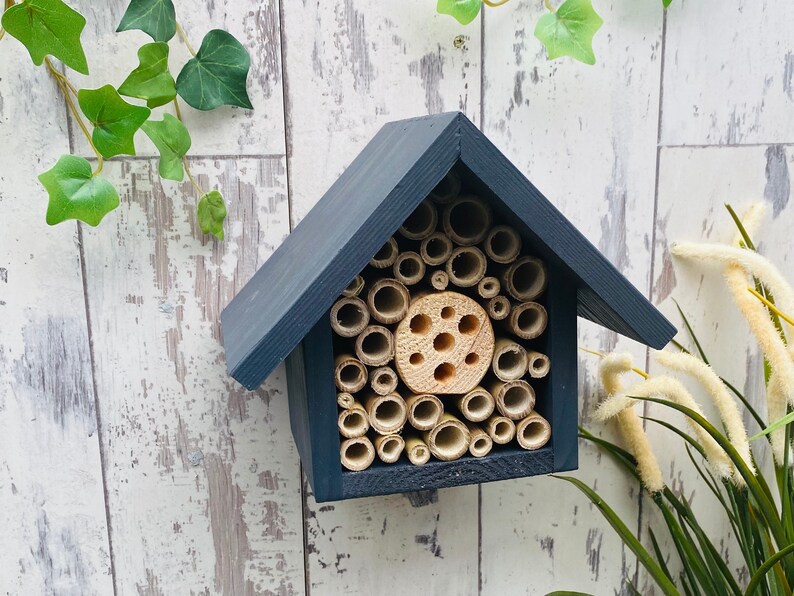 Beautifully handmade wildlife habitat, Bee Hotel, Insect House. Timber and painted in dark grey.
Keyhole hanger provided.
Bamboo and drilled holes provide a perfect home for solitary bees.