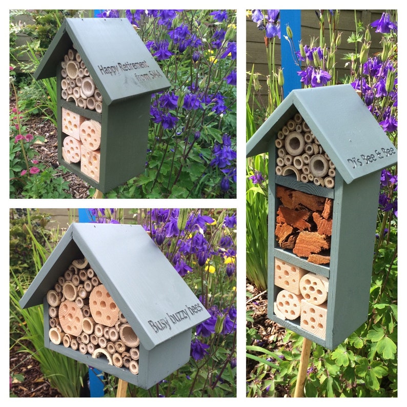 a selection of engraved bee hotels