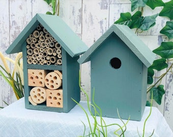 The Birds and the Bees, Bird Box & Two Tier Bee Hotel, Nesting box and Insect House, Gardener's Gift. Wild Thyme, Can be personalised.