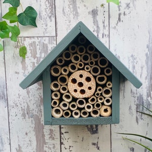 Beautifully handmade wildlife habitat, Bee Hotel, Insect House. Timber and painted in wild thyme, light green. Single Tier.
Keyhole hanger provided.
Bamboo and drilled holes provide a perfect home for solitary bees.