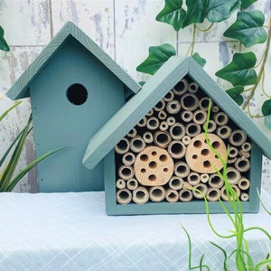 Handmade Bird & the Bees set in Wild Thyme. Includes a wooden Bird Box and a large single tier wooden bee hotel in Wild Thyme, light green.